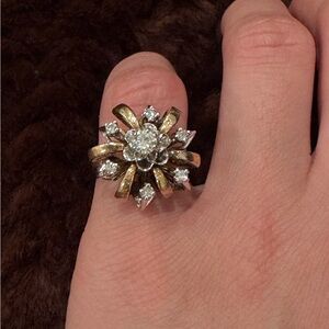 Vintage Diamond Cluster Ring in 14K Gold Starburst Setting